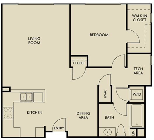 Floor plan for 1 bed, 1 bath, 892 sqft